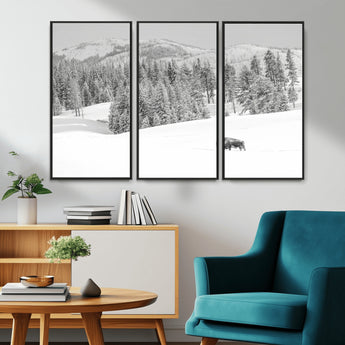 68081143-MGV-CV-36X24-Snowy Bison Wall Art Canvas Print, Framed Winter Forest Art Picture Print, Lone Bison Perfect Monochrome Winter Wild Decor Artwork