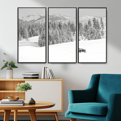 68081143-MGV-CV-36X24-Snowy Bison Wall Art Canvas Print, Framed Winter Forest Art Picture Print, Lone Bison Perfect Monochrome Winter Wild Decor Artwork