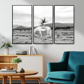 62789800-MGV-CV-36X24-White Horse Wall Art Canvas Print, Framed Woman Rider Art Picture Print, Equestrian Pose Perfect Western Boho Decor Artwork