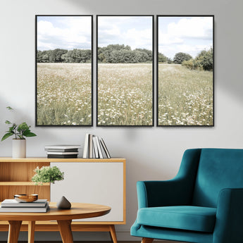 43258946-MGV-CV-36X24-Daisy Field Wall Art Canvas Print, Framed Pastel Flower Art Picture Print, Meadow Bloom Perfect Scandinavian Minimalist Decor