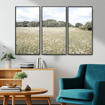 43258946-MGV-CV-36X24-Daisy Field Wall Art Canvas Print, Framed Pastel Flower Art Picture Print, Meadow Bloom Perfect Scandinavian Minimalist Decor