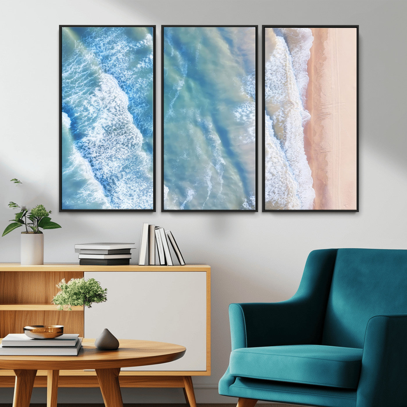 17641845-MGV-CV-36X24-Aerial Ocean Wall Art Canvas Print, Framed Blue Waves Art Picture Print, Sandy Shoreline Perfect Modern Coastal Decor Artwork