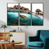44200301-MGV-CV-36X24-Sea Turtle Swim Wall Art Canvas Print, Framed Ocean Life Art Picture Print, Tropical Shoreline Perfect Tropical Coastal Decor