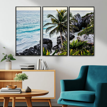 94669907-MGV-CV-36X24-Tropical Coastline Wall Art Canvas Print, Framed Palm Tree Art Picture Print, Rocky Beach Perfect Tropical Coastal Decor Artwork