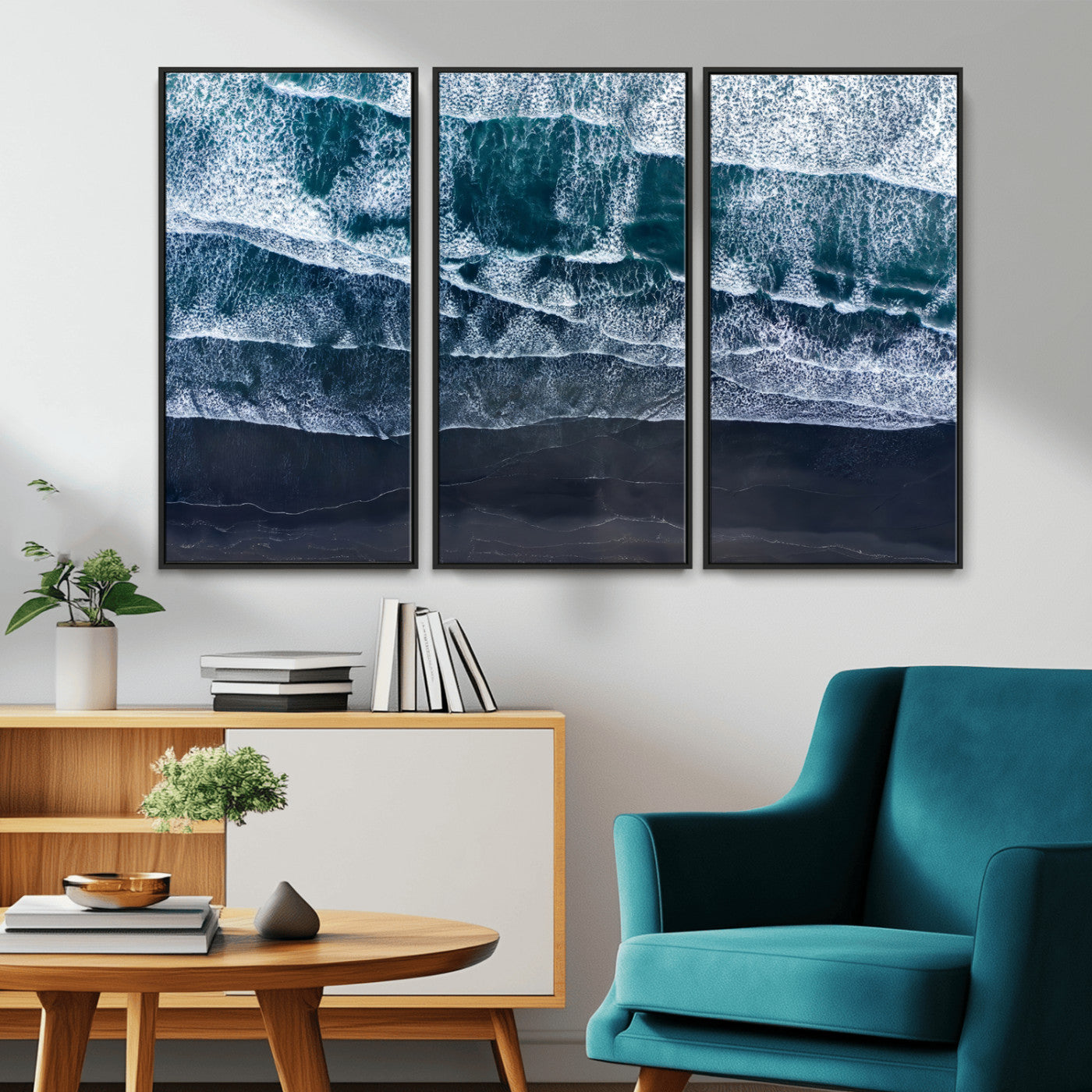 87941475-MGV-CV-36X24-Black Beach Wall Art Canvas Print, Framed Aerial Ocean Art Picture Print, Moody Coastal Perfect Modern Coastal Decor Artwork