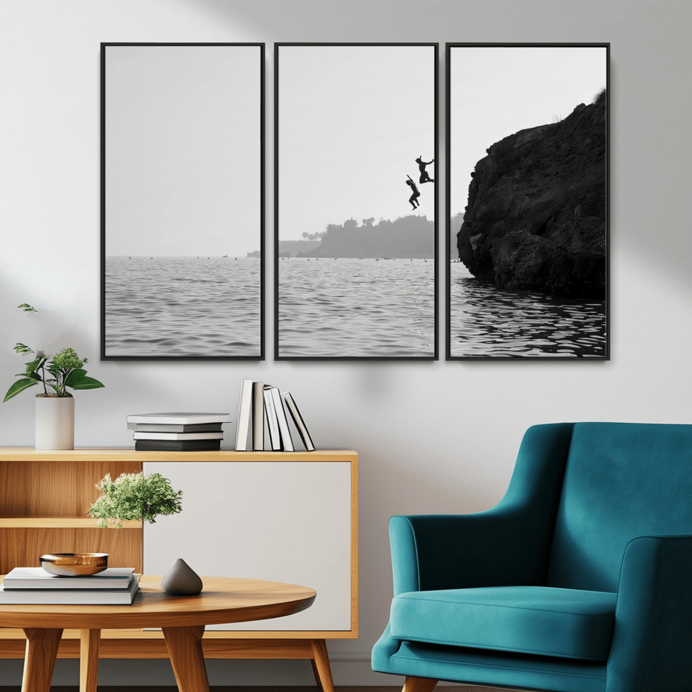 52284302-MGV-CV-36X24-Cliff Jumping Wall Art Canvas Print, Framed Ocean Adventure Art Picture Print, Black White Coast Perfect Modern Coastal Decor