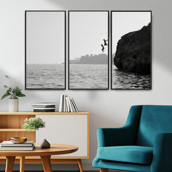 52284302-MGV-CV-36X24-Cliff Jumping Wall Art Canvas Print, Framed Ocean Adventure Art Picture Print, Black White Coast Perfect Modern Coastal Decor