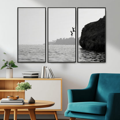 52284302-MGV-CV-36X24-Cliff Jumping Wall Art Canvas Print, Framed Ocean Adventure Art Picture Print, Black White Coast Perfect Modern Coastal Decor