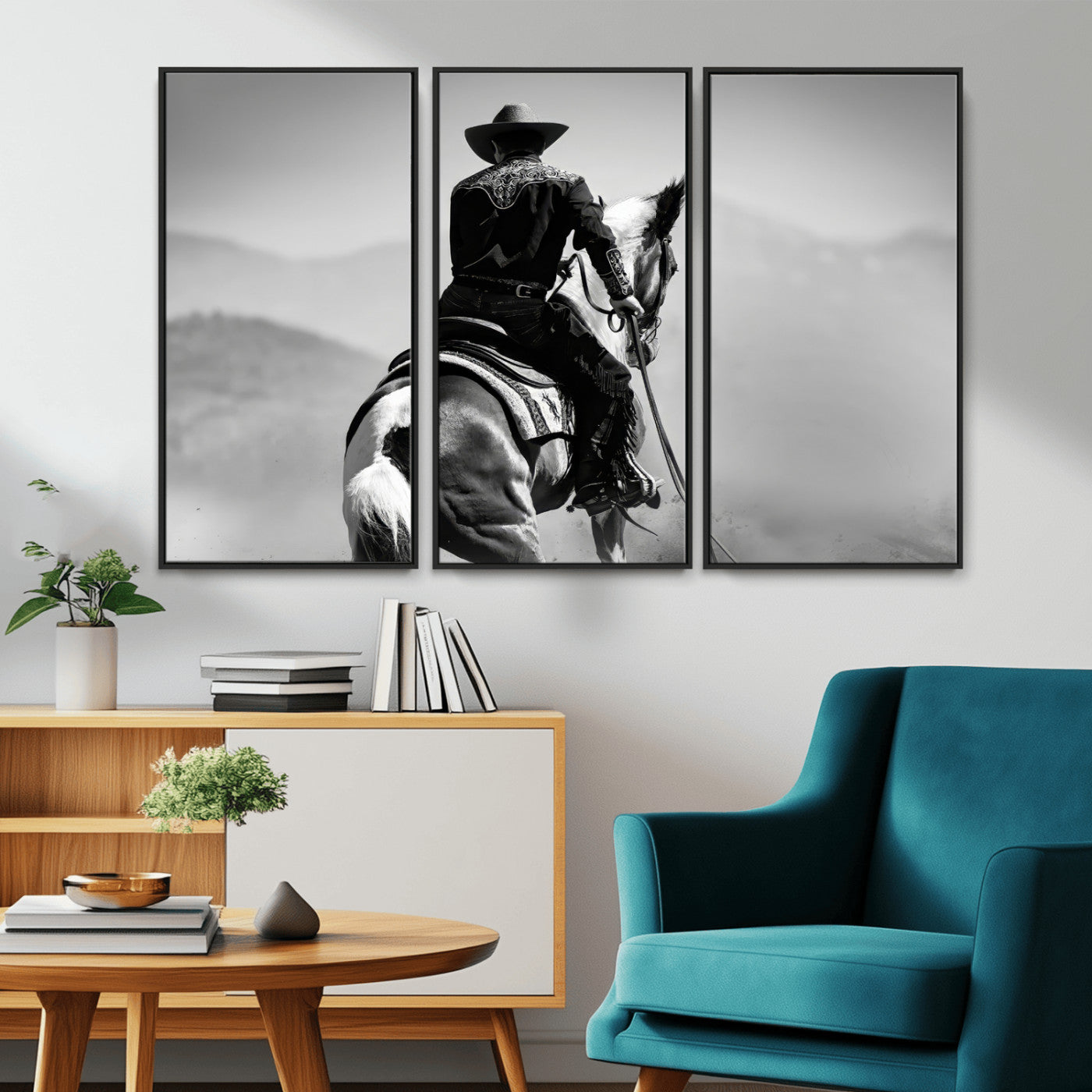 83102464-MGV-CV-36X24-Western Cowboy Wall Art Canvas Print, Framed Monochrome Horse Art Picture Print, Western Equestrian Perfect Rustic Western Decor