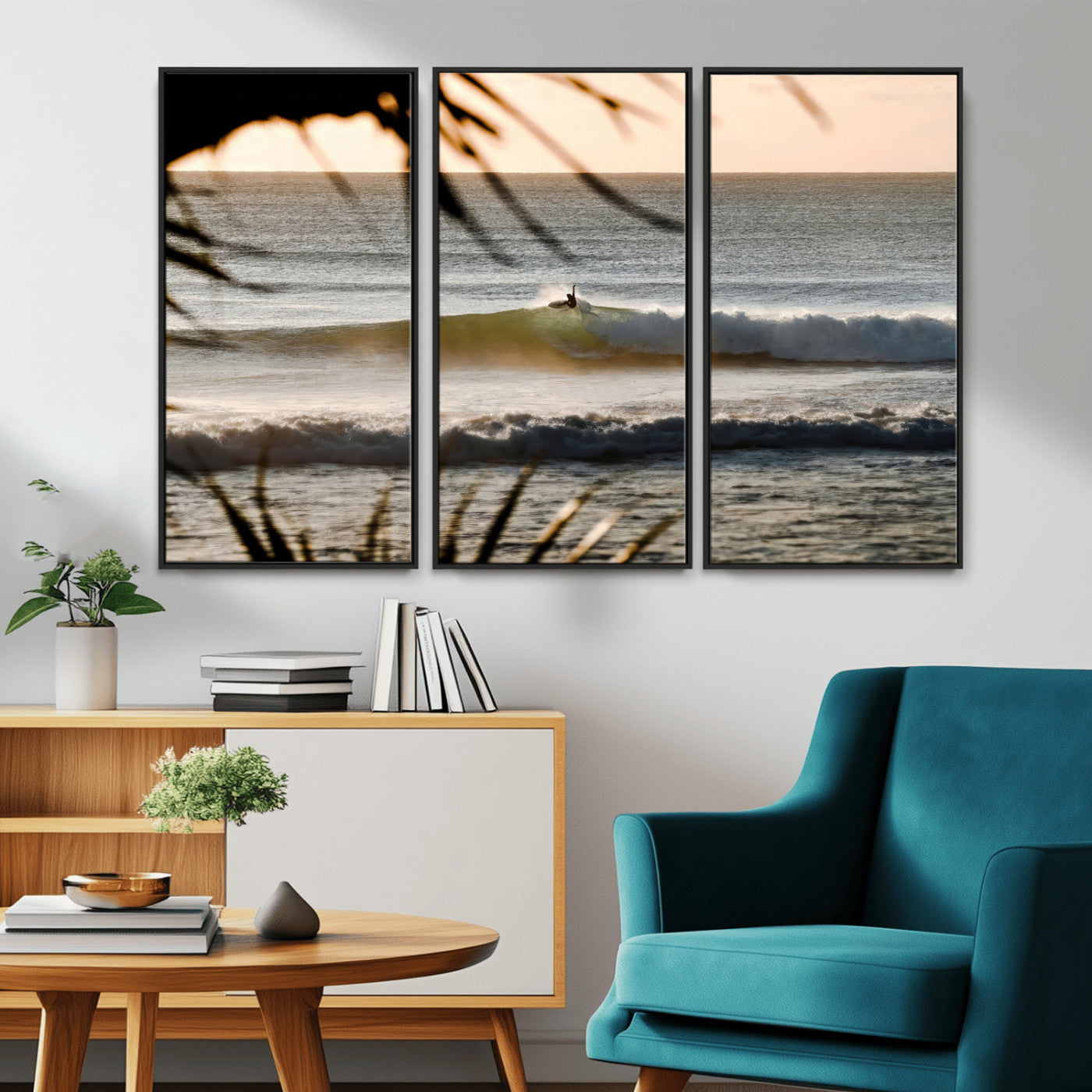 24896468-MGV-CV-36X24-Sunset Surf Wall Art Canvas Print, Framed Golden Waves Art Picture Print, Tropical Ocean Perfect Tropical Boho Decor Artwork