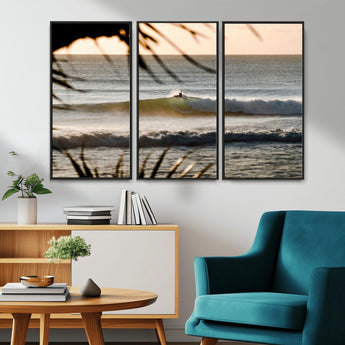 24896468-MGV-CV-36X24-Sunset Surf Wall Art Canvas Print, Framed Golden Waves Art Picture Print, Tropical Ocean Perfect Tropical Boho Decor Artwork
