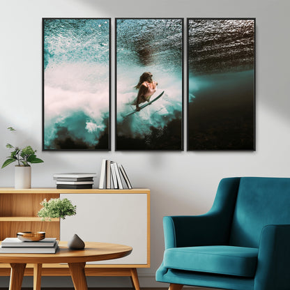 85923512-MGV-CV-36X24-Aquatic Motion Wall Art Canvas Print, Framed Underwater Swimming Art Picture Print, Female Surfer Diving Perfect Coastal Boho