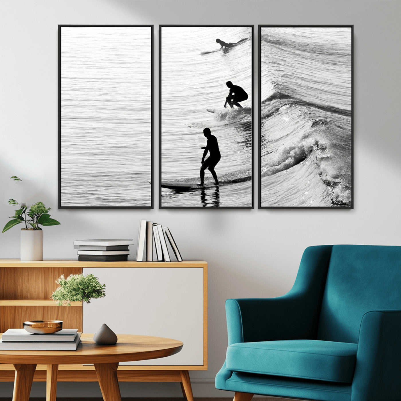 19875284-MGV-CV-36X24-Surfer Waves Wall Art Canvas Print, Framed Black White Surf Art Picture Print, Monochrome Ocean Perfect Modern Coastal Decor
