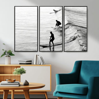 19875284-MGV-FC-48X32-3P_Black-Surfer Waves Wall Art Canvas Print, Framed Black White Surf Art Picture Print, Monochrome Ocean Perfect Modern Coastal Decor