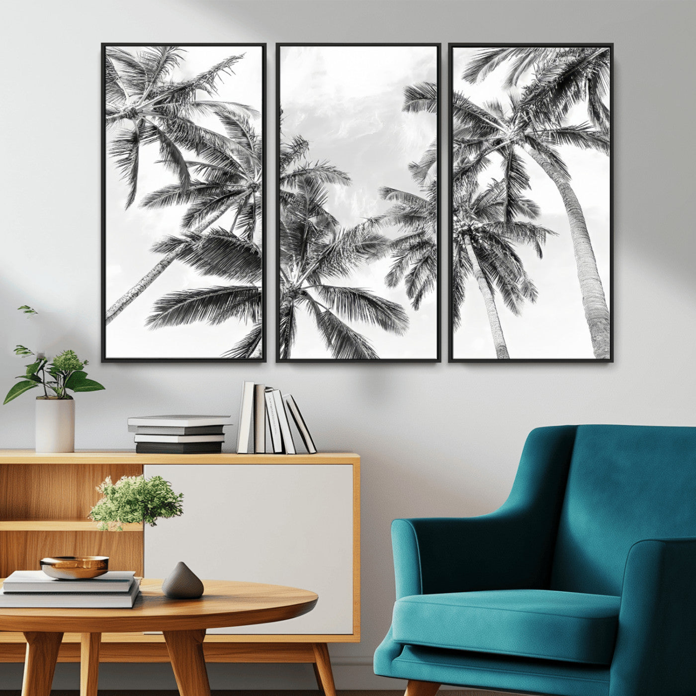 62113786-MGV-CV-36X24-Black White Palm Wall Art Canvas Print, Framed Monochrome Tropics Art Picture Print, Minimalist Beach Perfect Coastal Minimalist