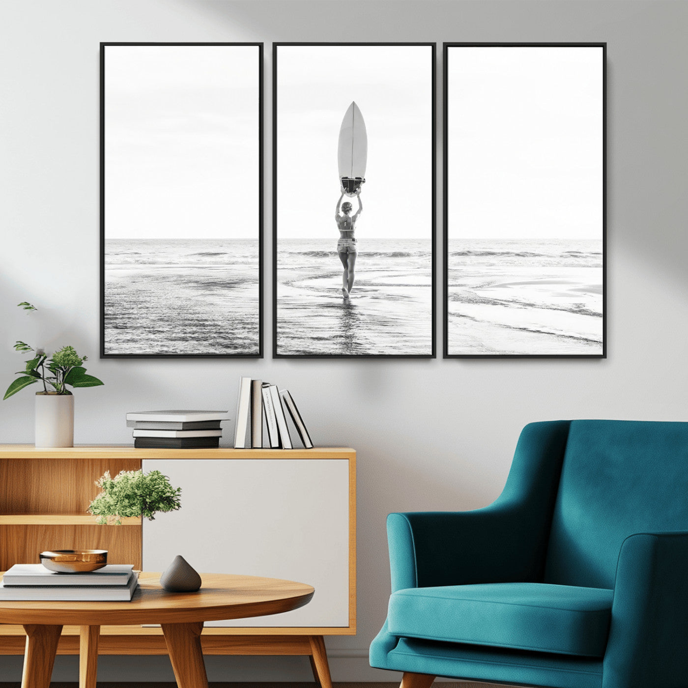 98446901-MGV-CV-36X24-Monochrome Surf Wall Art Canvas Print, Framed Minimalist Surfer Art Picture Print, Surfboard Silhouette Perfect Coastal Minimalist