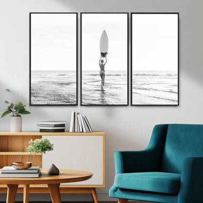 98446901-MGV-CV-36X24-Monochrome Surf Wall Art Canvas Print, Framed Minimalist Surfer Art Picture Print, Surfboard Silhouette Perfect Coastal Minimalist