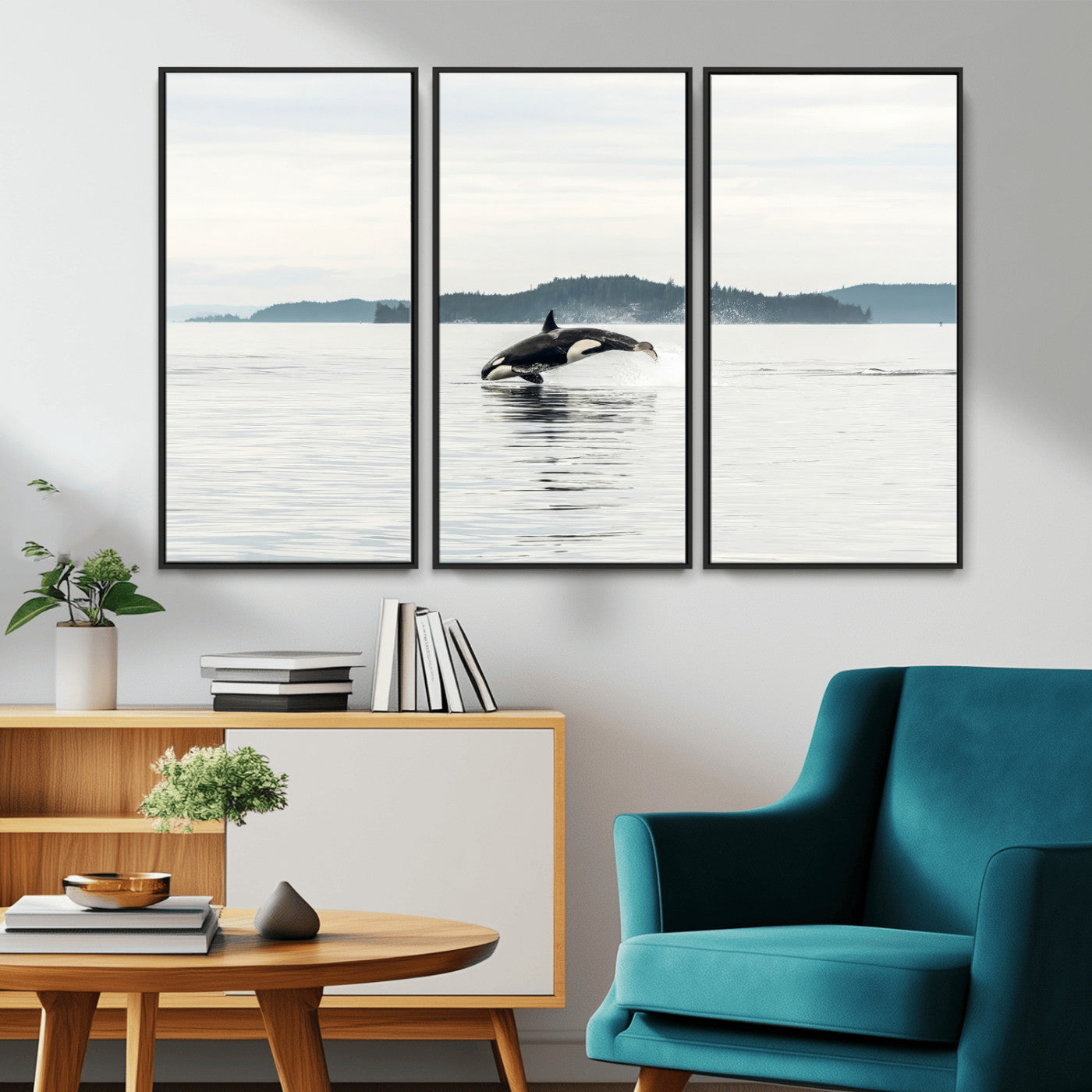 10157174-MGV-FC-48X32-3P_Black-Orca Whale Wall Art Canvas Print, Framed Black White Whale Art Picture Print, Minimalist Ocean Perfect Coastal Minimalist Decor