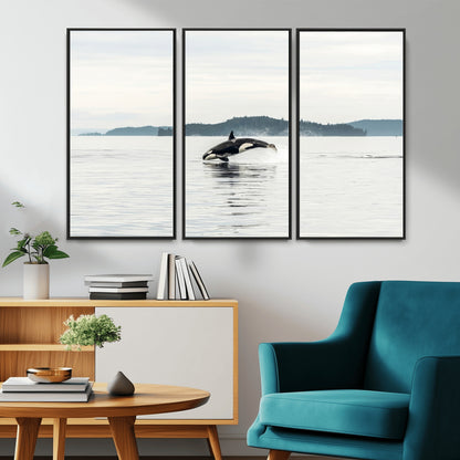 10157174-MGV-FC-48X32-3P_Black-Orca Whale Wall Art Canvas Print, Framed Black White Whale Art Picture Print, Minimalist Ocean Perfect Coastal Minimalist Decor