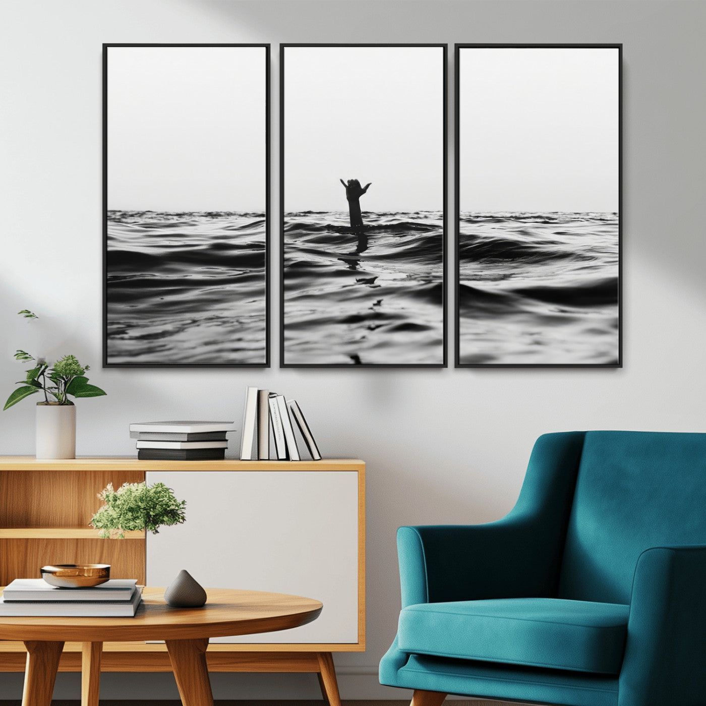 69541918-MGV-CV-36X24-Black White Ocean Wall Art Canvas Print, Framed Moody Seascape Art Picture Print, Surfer Sign Perfect Moody Minimalist Decor