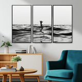 69541918-MGV-CV-36X24-Black White Ocean Wall Art Canvas Print, Framed Moody Seascape Art Picture Print, Surfer Sign Perfect Moody Minimalist Decor