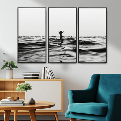 69541918-MGV-CV-36X24-Black White Ocean Wall Art Canvas Print, Framed Moody Seascape Art Picture Print, Surfer Sign Perfect Moody Minimalist Decor
