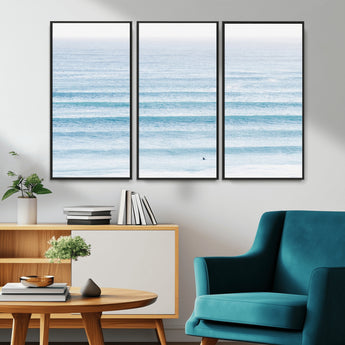77145995-MGV-CV-36X24-Ocean Simplicity Wall Art Canvas Print, Framed Surfer on Water Art Picture Print, Light Blue Perfect Coastal Minimalist Decor