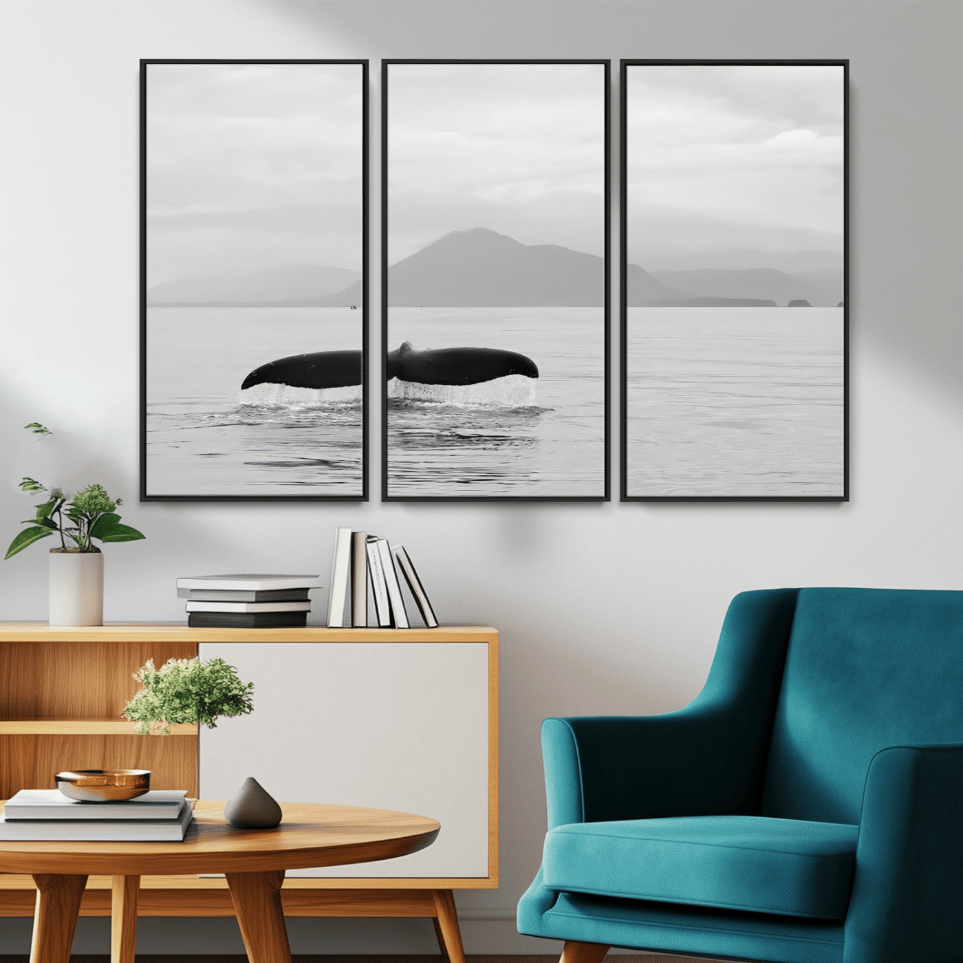 30524220-MGV-CV-36X24-Whale Tail Wall Art Canvas Print, Framed Black White Ocean Art Picture Print, Calm Marine Perfect Minimalist Coastal Decor Artwork