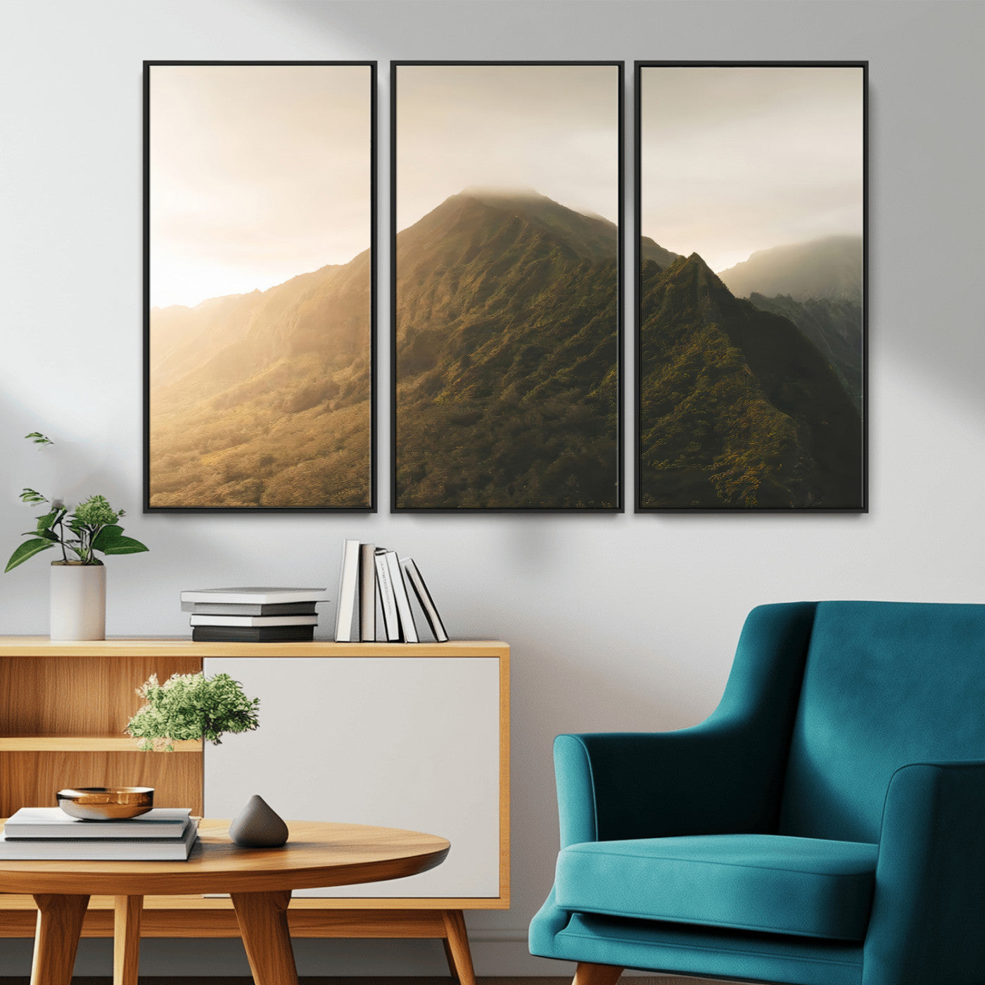 42338636-MGV-CV-36X24-Golden Mountain Wall Art Canvas Print, Framed Misty Summit Art Picture Print, Rugged Landscape Perfect Moody Wilderness Decor