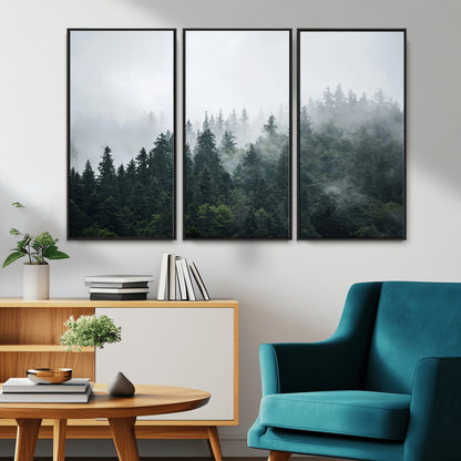 84146572-MGV-CV-36X24-Foggy Pine Trees Wall Art Canvas Print, Framed Forest Nature Art Picture Print, Evergreen Forest Perfect Scandinavian Minimalist