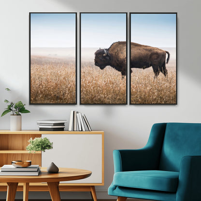 99620201-MGV-FC-48X32-3P_Black-Wild Bison Wall Art Canvas Print, Framed Bison in Prairie Art Picture Print, Rustic Western Perfect Rustic Western Decor Artwork