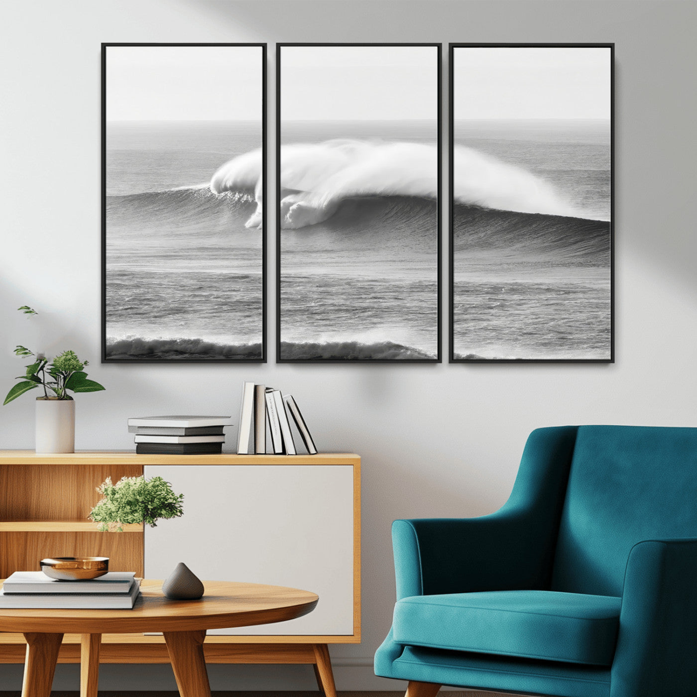 42544082-MGV-CV-36X24-Monochrome Seascape Wall Art Canvas Print, Framed Surf Wave Art Picture Print, Minimalist Ocean Perfect Moody Coastal Decor