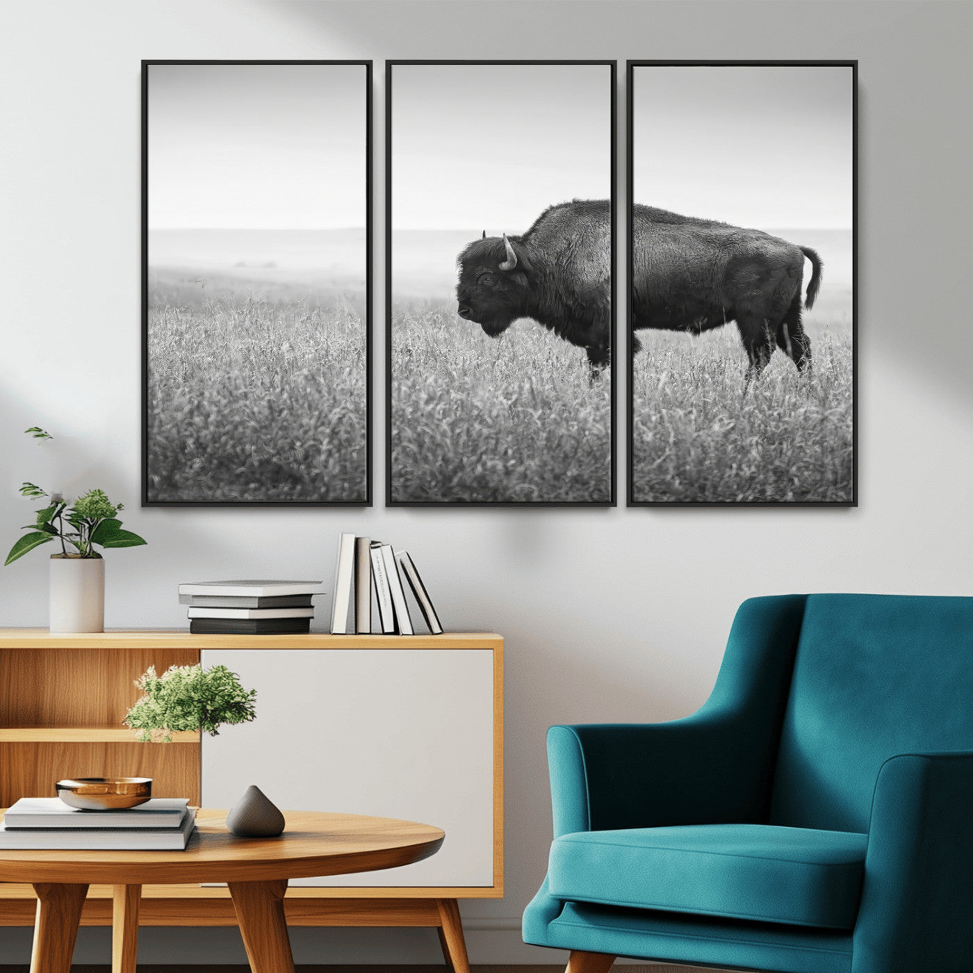 28435251-MGV-CV-36X24-Bison In Prairie Wall Art Canvas Print, Framed Rustic Wildlife Art Picture Print, Wild Buffalo Perfect Rustic Western Decor