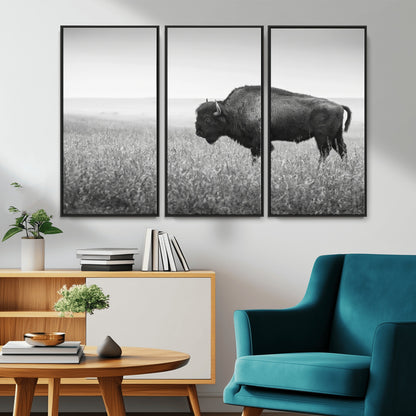 28435251-MGV-FC-48X32-3P_Black-Bison In Prairie Wall Art Canvas Print, Framed Rustic Wildlife Art Picture Print, Wild Buffalo Perfect Rustic Western Decor