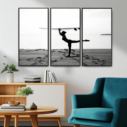 28441356-MGV-CV-36X24-Yoga Surf Wall Art Canvas Print, Framed Black White Shore Art Picture Print, Peaceful Ocean Perfect Minimalist Coastal Decor