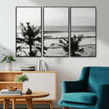 17508038-MGV-FC-48X32-3P_Black-Tropical Coastline Wall Art Canvas Print, Framed Palm Trees Art Picture Print, Ocean Waves Perfect Minimalist Coastal Decor