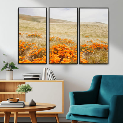 28972262-MGV-CV-36X24-Golden Wildflowers Wall Art Canvas Print, Framed Hills Bloom Art Picture Print, Poppy Meadow Perfect Rustic Nature Decor Artwork