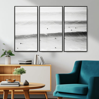 54291445-MGV-FC-48X32-3P_Black-Black White Ocean Wall Art Canvas Print, Framed Coastal Sport Art Picture Print, Ocean Culture Perfect Minimalist Coastal Decor