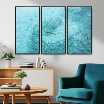 43671474-MGV-CV-36X24-Fish Swarm Wall Art Canvas Print, Framed Marine Life Art Picture Print, Shark Aerial Perfect Wildlife Coastal Decor Artwork