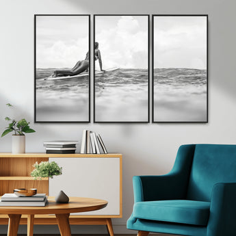 69798068-MGV-CV-36X24-Black White Surfing Wall Art Canvas Print, Framed Ocean Horizon Art Picture Print, Surfer Girl Perfect Coastal Adventure Decor