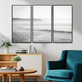 60635783-MGV-CV-36X24-Black White Seascape Wall Art Canvas Print, Framed Ocean Waves Art Picture Print, Misty Coastal Perfect Minimalist Coastal Decor