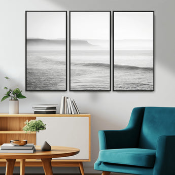 60635783-MGV-CV-36X24-Black White Seascape Wall Art Canvas Print, Framed Ocean Waves Art Picture Print, Misty Coastal Perfect Minimalist Coastal Decor
