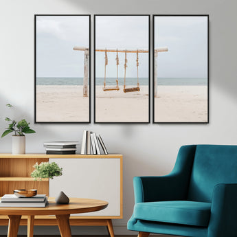 68327283-MGV-CV-36X24-Beach Swing Wall Art Canvas Print, Framed Quiet Beach Art Picture Print, Calm Shoreline Perfect Bohemian Coastal Decor Artwork