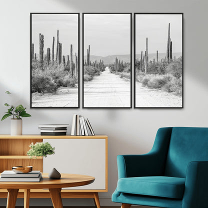 35537313-MGV-CV-36X24-Monochrome Desert Wall Art Canvas Print, Framed Cactus Path Art Picture Print, Southwestern Landscape Perfect Southwestern