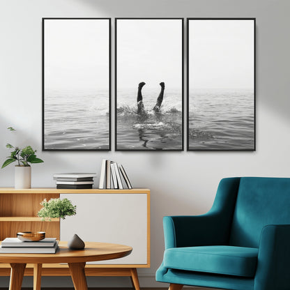 26667396-MGV-CV-36X24-Black White Ocean Wall Art Canvas Print, Framed Monochrome Water Art Picture Print, Diving into Water Perfect Minimalist Aquatic