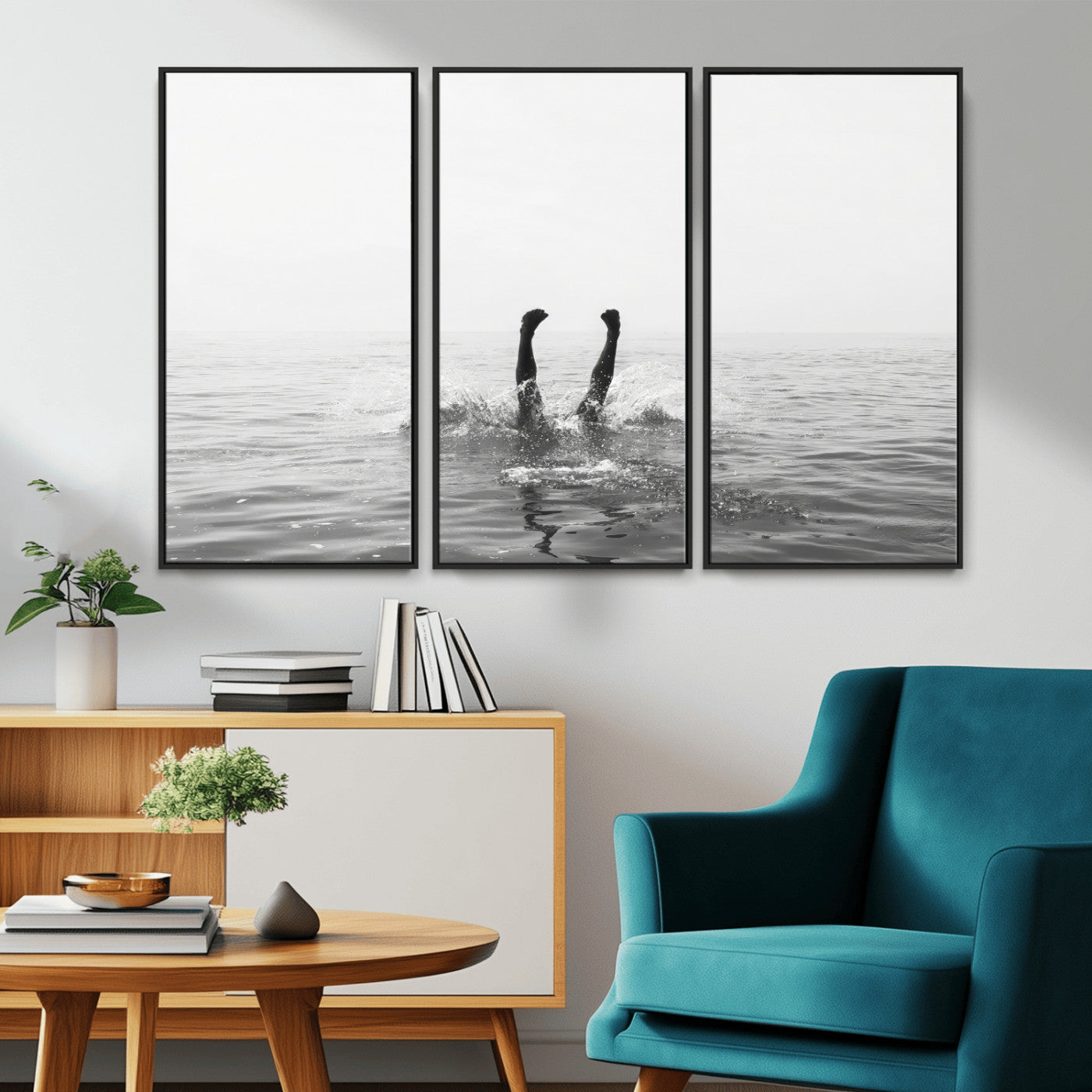 26667396-MGV-CV-36X24-Black White Ocean Wall Art Canvas Print, Framed Monochrome Water Art Picture Print, Diving into Water Perfect Minimalist Aquatic