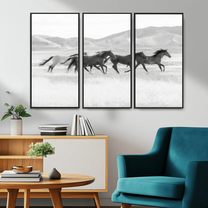 69934913-MGV-CV-36X24-Wild Horses Running Wall Art Canvas Print, Framed Black White Mustangs Art Picture Print, Rustic Western Perfect Rustic Western