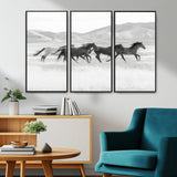 69934913-MGV-CV-36X24-Wild Horses Running Wall Art Canvas Print, Framed Black White Mustangs Art Picture Print, Rustic Western Perfect Rustic Western