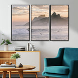 70644906-MGV-CV-36X24-Sunset Surfing Wall Art Canvas Print, Framed Misty Mountains Art Picture Print, Surfer Riding Wave Perfect Coastal Adventure Decor