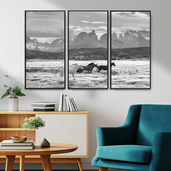 21655040-MGV-CV-36X24-Wild Horses Wall Art Canvas Print, Framed Black White Mountains Art Picture Print, Rustic Countryside Perfect Rustic Western Decor